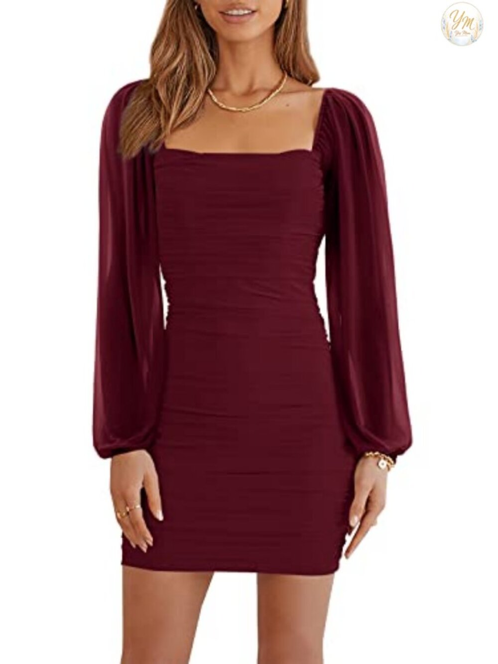 Women Mesh Long Sleeve Square Neck Ruched Bodycon Mini Dress